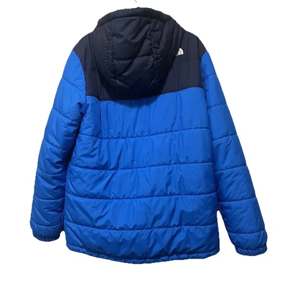 The North Face Boys Reversible Jacket Size 14/16 Hero Blue Hooded Puffer Fleece - Picture 3 of 5